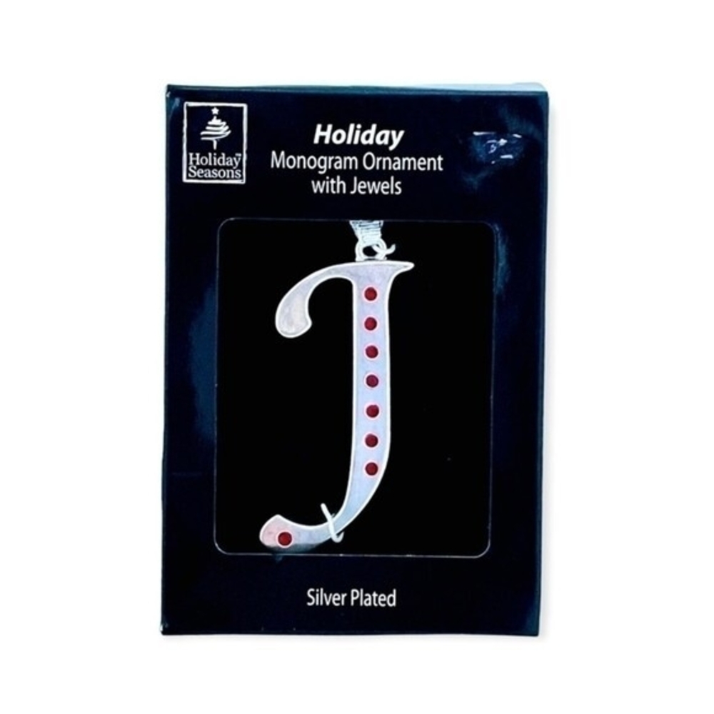 Silver Plated Monogram Letter J Ornament Jeweled Holiday Christmas Decor 3" NIB